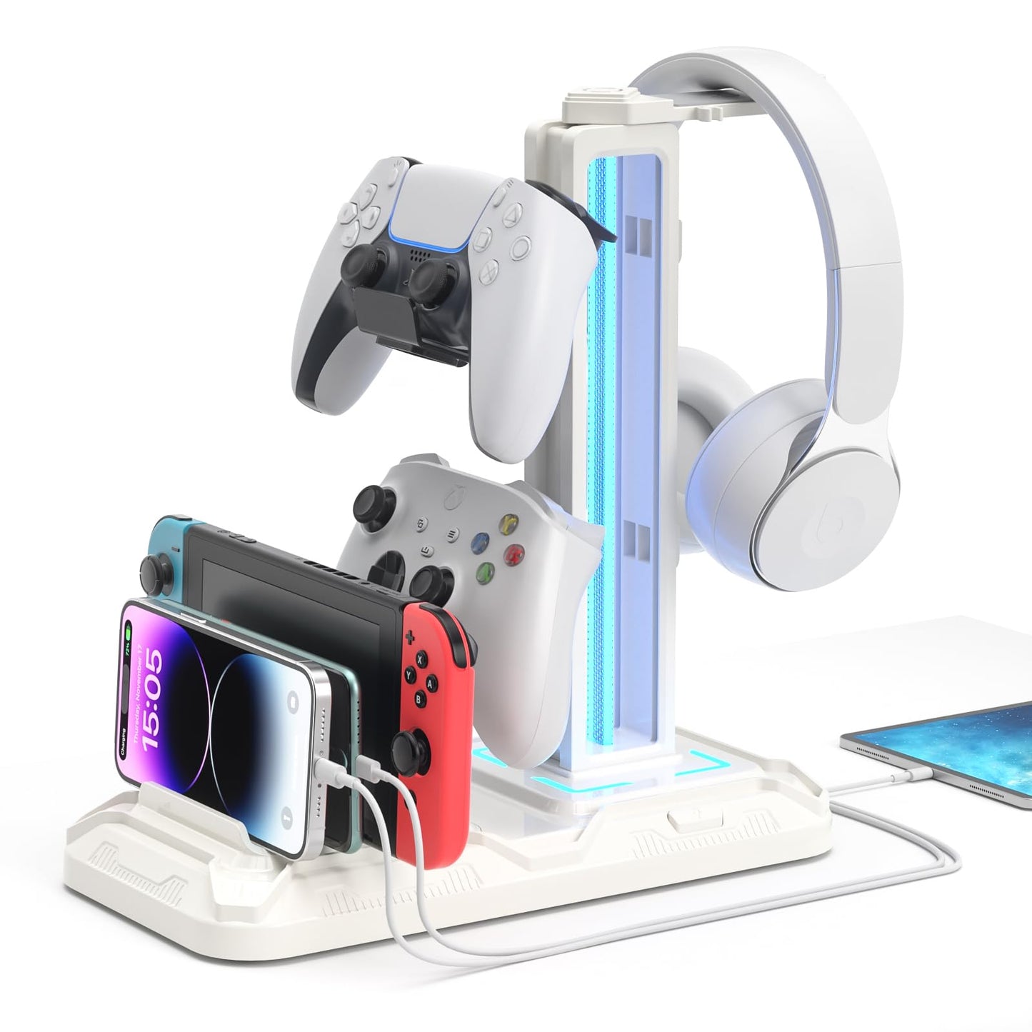 Headset Stand with Phone Holder - Detachable Controller Holder with 9 Light Modes