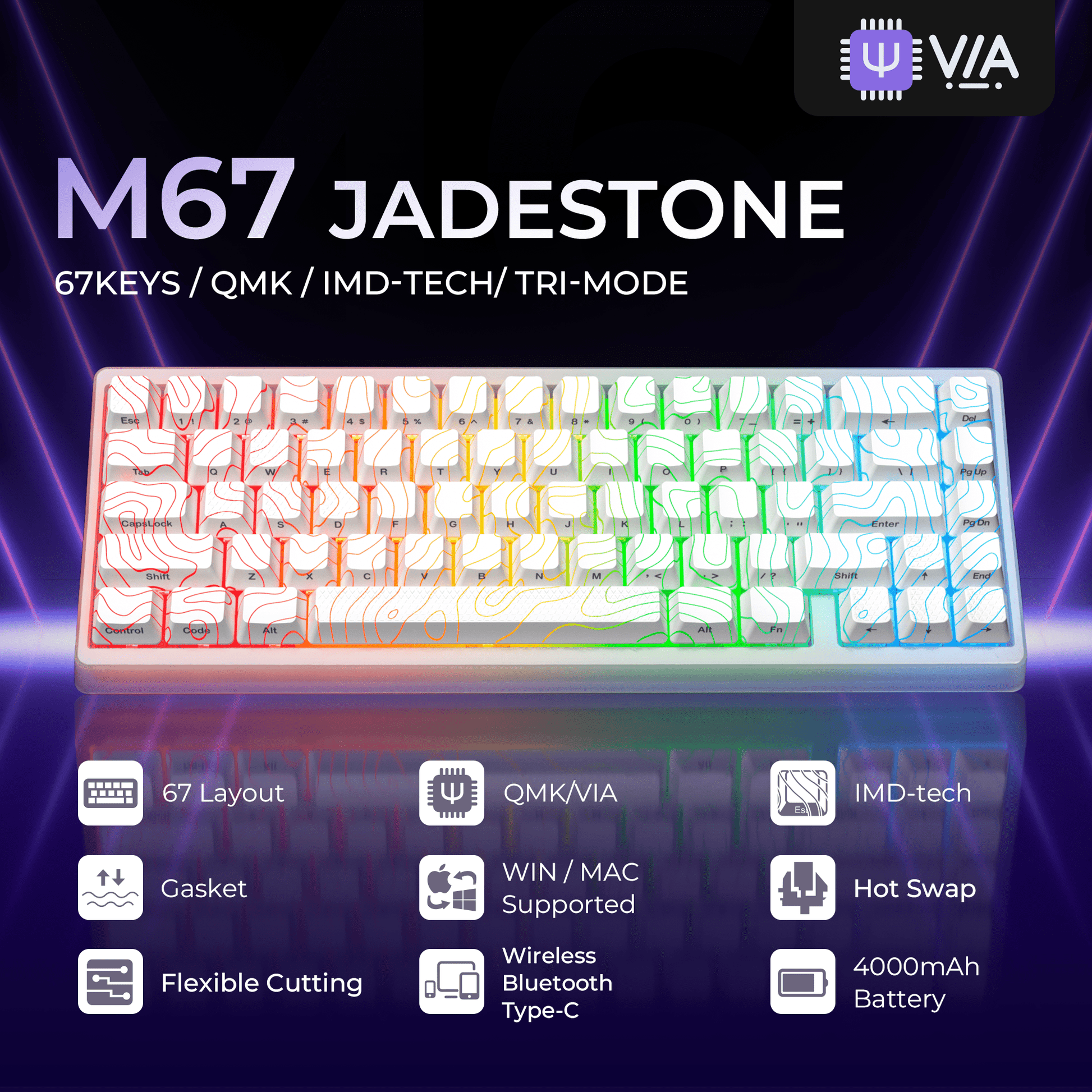 XVX M67 JadeStone VIA Tri - Mode Mechanical Keyboard with IMD - Tech Keycaps (Stellar White) - Alex Market