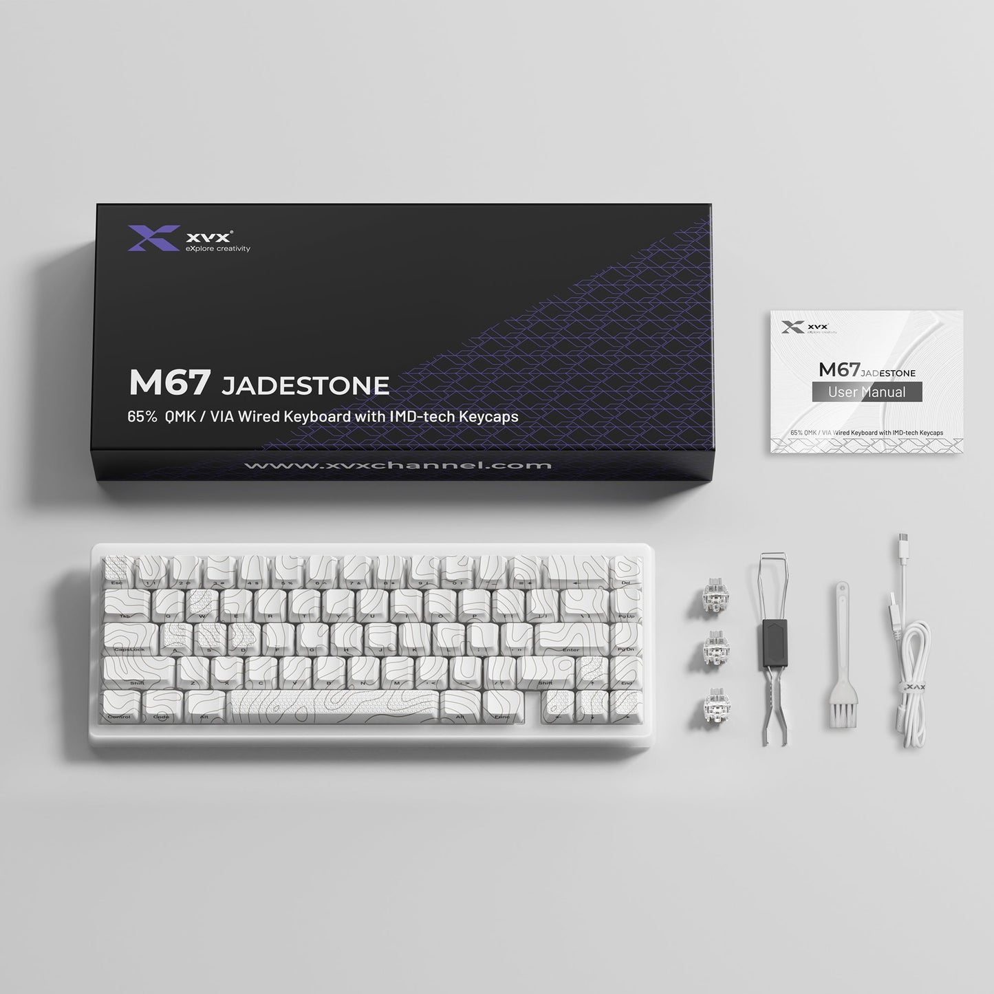 XVX M67 JadeStone VIA Tri - Mode Mechanical Keyboard with IMD - Tech Keycaps (Stellar White) - Alex Market