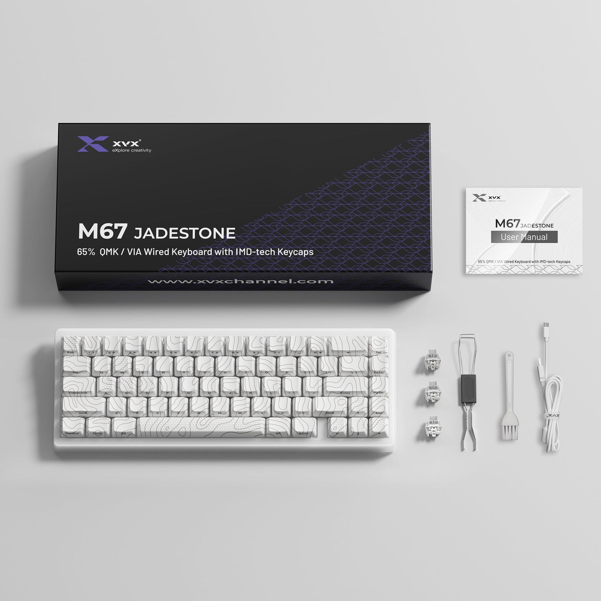 XVX M67 JadeStone VIA Tri - Mode Mechanical Keyboard with IMD - Tech Keycaps (Stellar White) - Alex Market