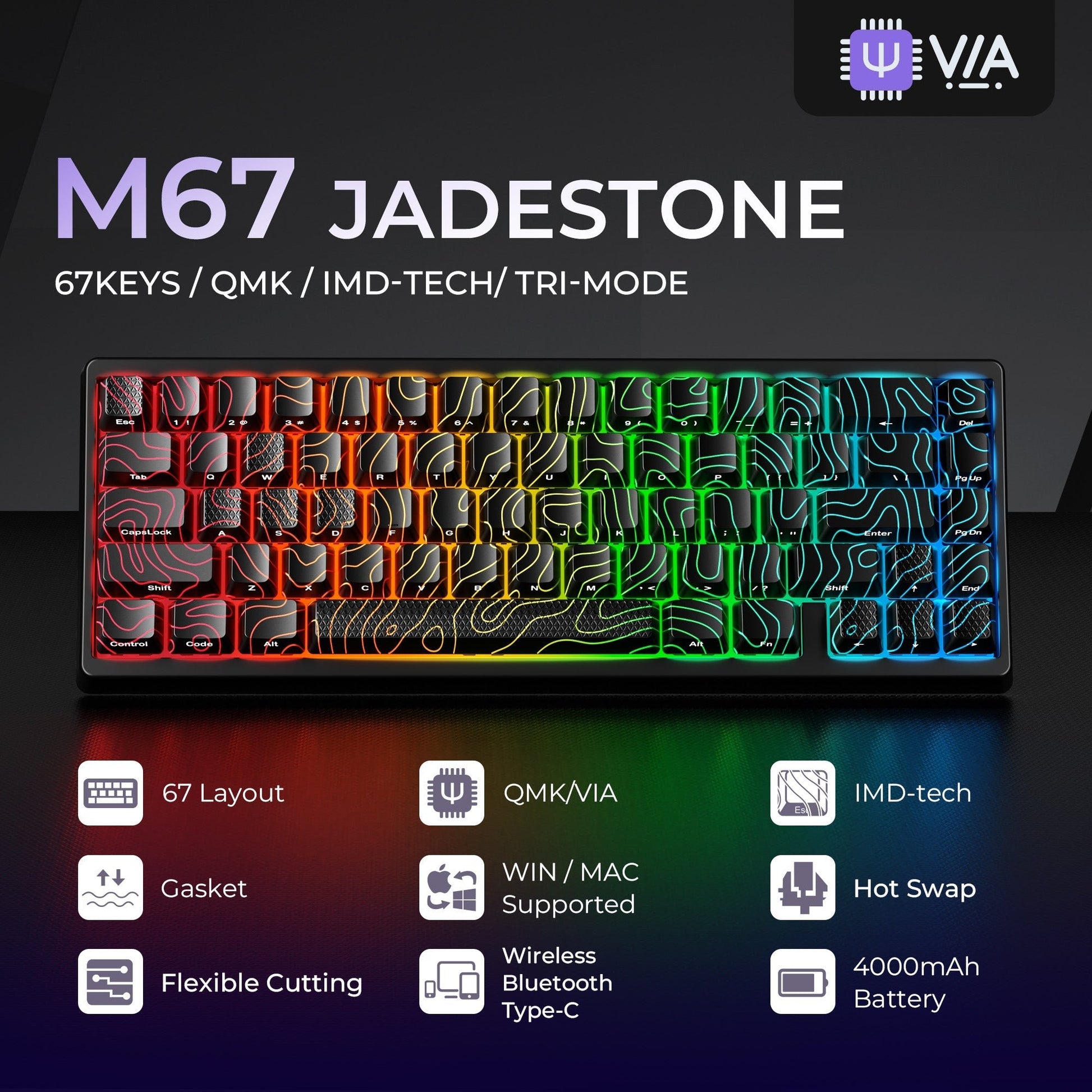 JadeStone VIA Tri - Mode Mechanical Keyboard with IMD - Tech Keycaps (Interstellar Black) - Alex Market