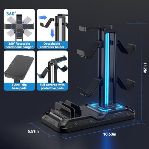 Headset Stand with Phone Holder - Detachable Controller Holder with 9 Light Modes