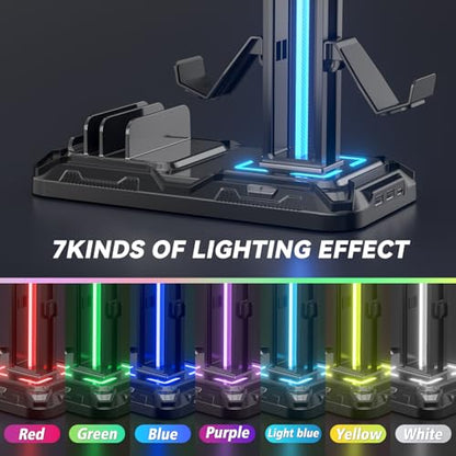 Headset Stand with Phone Holder - Detachable Controller Holder with 9 Light Modes