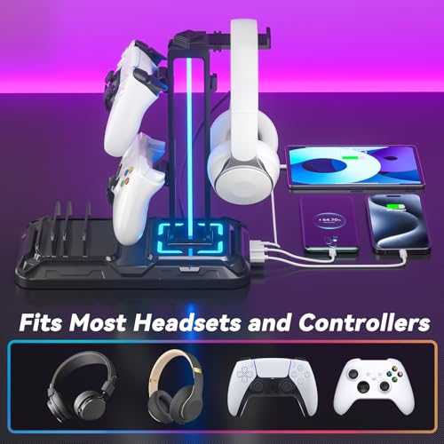 Headset Stand with Phone Holder - Detachable Controller Holder with 9 Light Modes