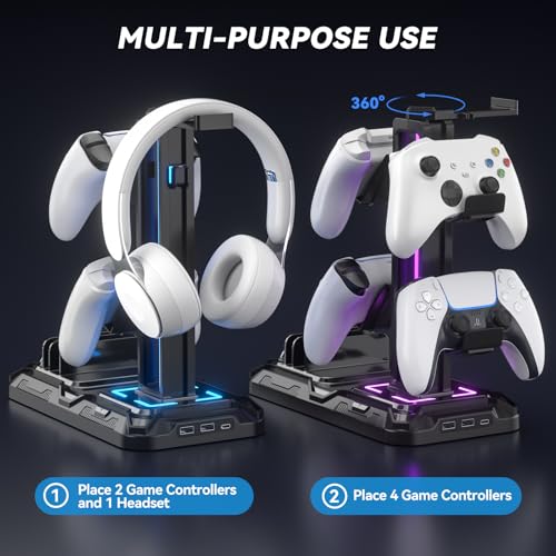 Headset Stand with Phone Holder - Detachable Controller Holder with 9 Light Modes