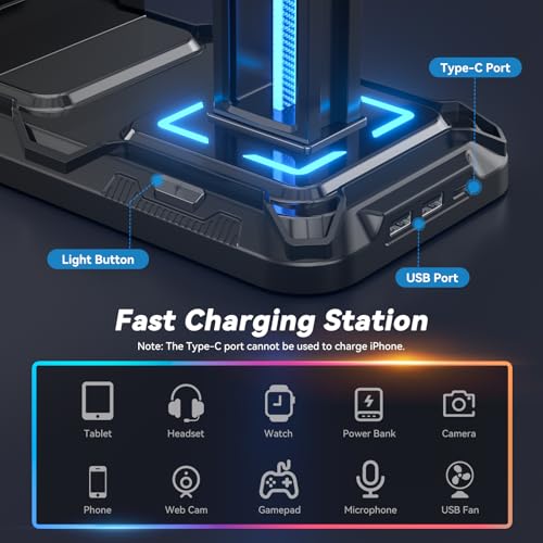 Headset Stand with Phone Holder - Detachable Controller Holder with 9 Light Modes