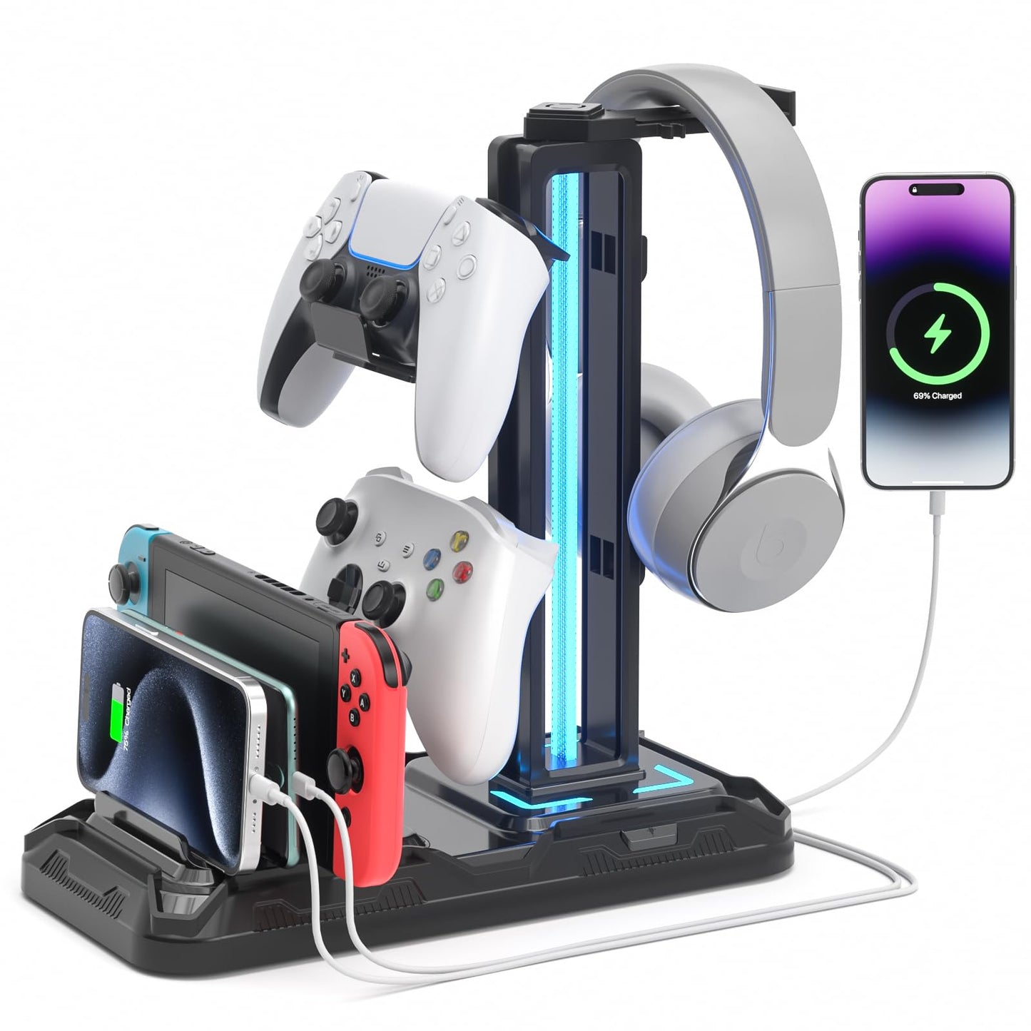 Headset Stand with Phone Holder - Detachable Controller Holder with 9 Light Modes