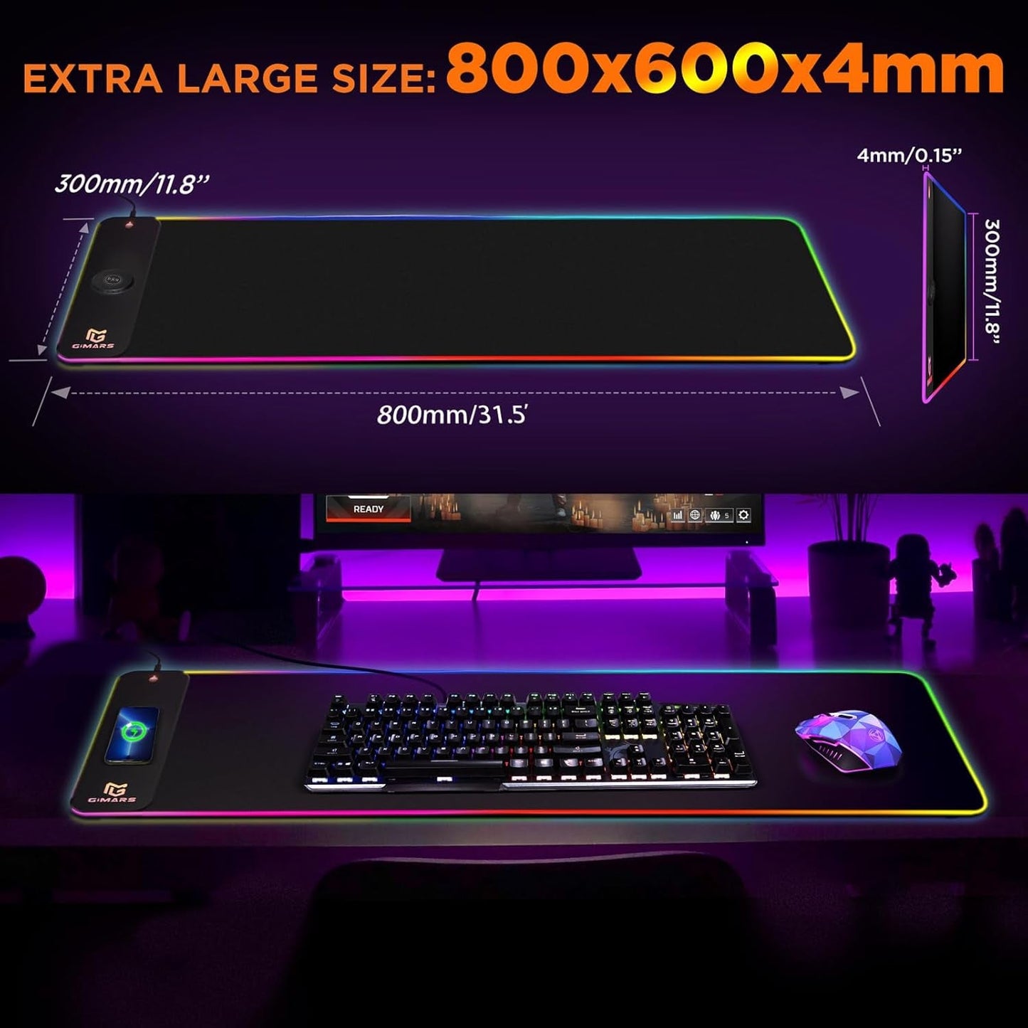 RGB Gaming Mouse Pad with 15W Qi Wireless Charging and Raised Charging Platform - Alex Market